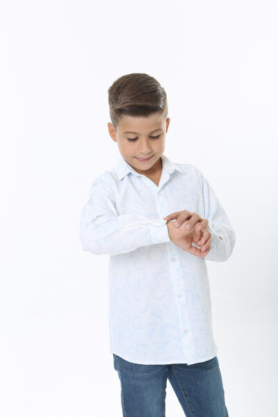 Kids White Waffle Fabric Blue Letter Patterned Shirt - 2