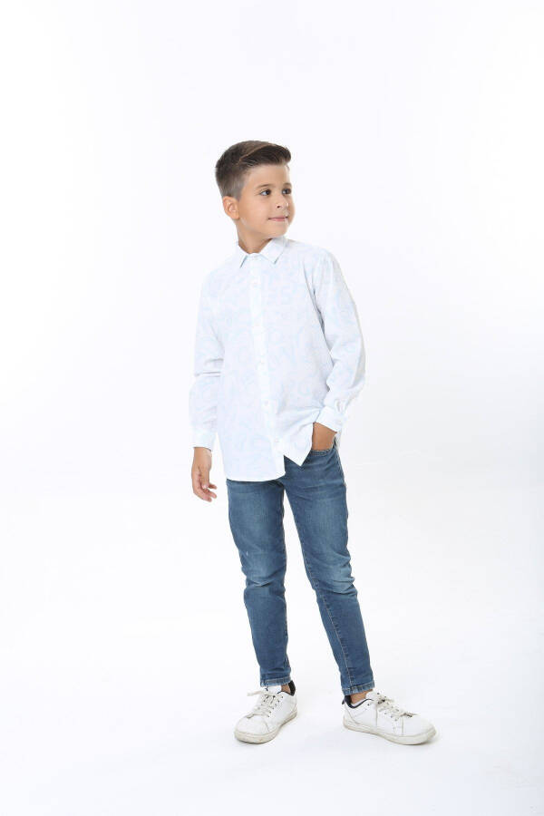 Kids White Waffle Fabric Blue Letter Patterned Shirt - 3