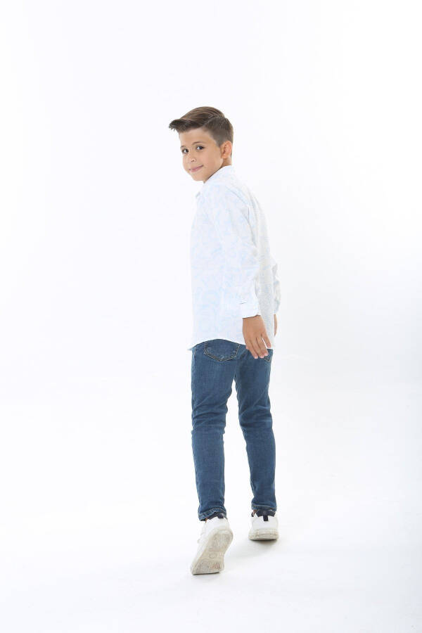 Kids White Waffle Fabric Blue Letter Patterned Shirt - 5