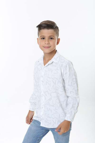 Kids White Waffle Fabric Grey Letter Patterned Shirt - 1