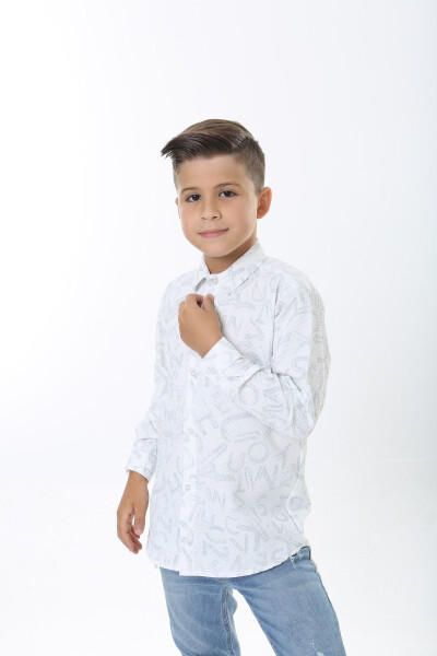 Kids White Waffle Fabric Grey Letter Patterned Shirt - 4