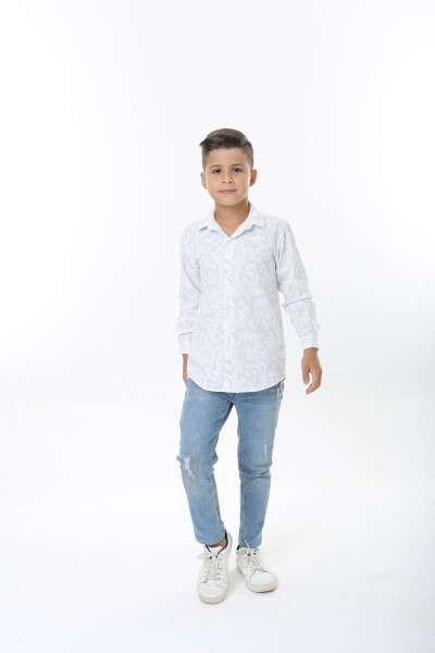 Kids White Waffle Fabric Grey Letter Patterned Shirt - 5