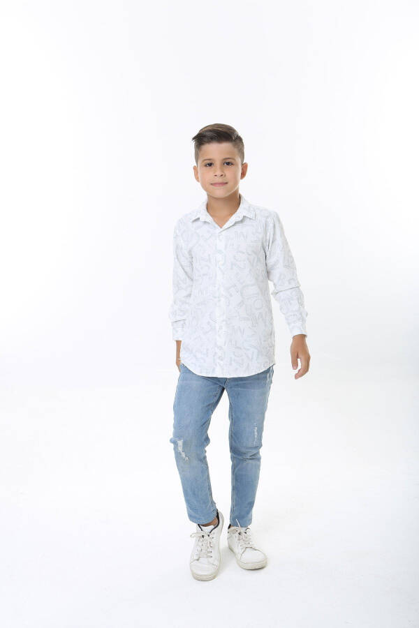 Kids White Waffle Fabric Grey Letter Patterned Shirt - 5