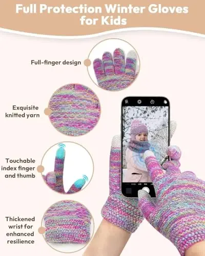 Kids Winter Hat Gloves Scarf Set,Toddler Girls Boys Beanie Hat with Earflaps,Knit Mittens & Neck Gaiter Warmer for Kids 4-12 - 4