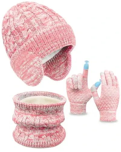 Kids Winter Hat Gloves Scarf Set,Toddler Girls Boys Beanie Hat with Earflaps,Knit Mittens & Neck Gaiter Warmer for Kids 4-12 - EAONE