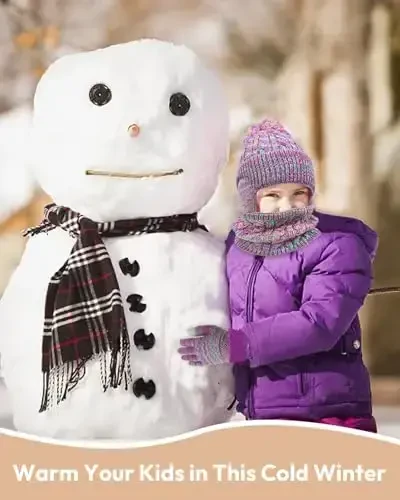 Kids Winter Hat Gloves Scarf Set,Toddler Girls Boys Beanie Hat with Earflaps,Knit Mittens & Neck Gaiter Warmer for Kids 4-12 - 6