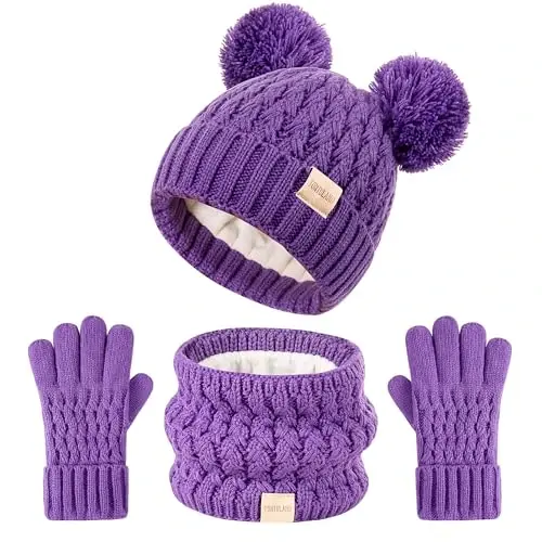 Kids Winter Hat Scarf Gloves Set Children's Warm Knit Fleece Lined Pompom Hat for Kids Ages 3-9, Perfect for Boys and Girls 