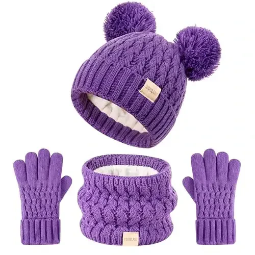 Kids Winter Hat Scarf Gloves Set Children's Warm Knit Fleece Lined Pompom Hat for Kids Ages 3-9, Perfect for Boys and Girls - 1