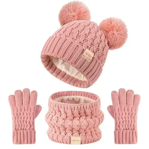 Kids Winter Hat Scarf Gloves Set Children's Warm Knit Fleece Lined Pompom Hat for Kids Ages 3-9, Perfect for Boys and Girls - KIDS