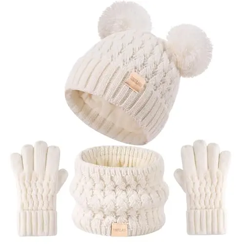Kids Winter Hat Scarf Gloves Set Children's Warm Knit Fleece Lined Pompom Hat for Kids Ages 3-9, Perfect for Boys and Girls 