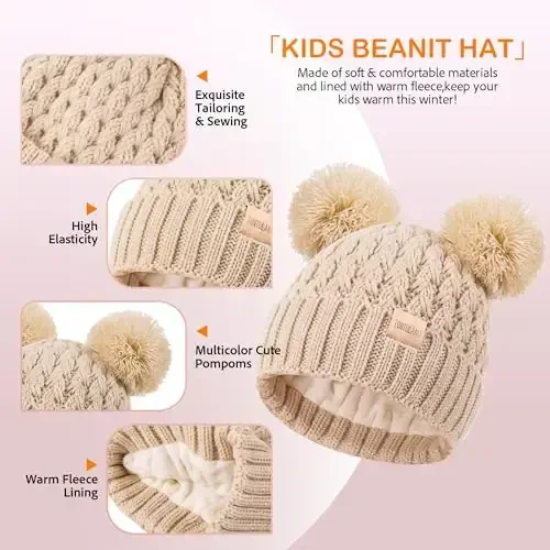 Kids Winter Hat Scarf Gloves Set Children's Warm Knit Fleece Lined Pompom Hat for Kids Ages 3-9, Perfect for Boys and Girls - 2