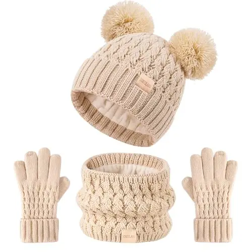 Kids Winter Hat Scarf Gloves Set Children's Warm Knit Fleece Lined Pompom Hat for Kids Ages 3-9, Perfect for Boys and Girls - 1