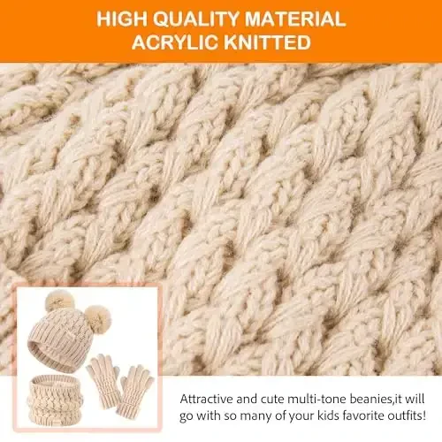 Kids Winter Hat Scarf Gloves Set Children's Warm Knit Fleece Lined Pompom Hat for Kids Ages 3-9, Perfect for Boys and Girls - 5