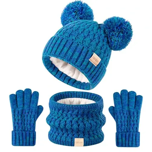 Kids Winter Hat Scarf Gloves Set Children's Warm Knit Fleece Lined Pompom Hat for Kids Ages 3-9, Perfect for Boys and Girls 