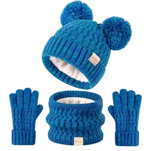 Kids Winter Hat Scarf Gloves Set Children's Warm Knit Fleece Lined Pompom Hat for Kids Ages 3-9, Perfect for Boys and Girls - 1