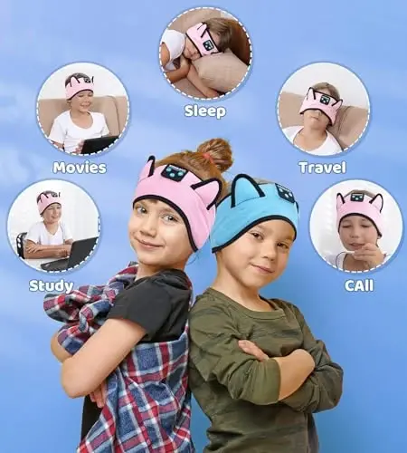 KIDSBAND Bolalar uchun naushniklar, Bolalar uchun qulay Bluetooth naushniklar simli ijro etish 3,5 MM Jek bilan maktab uchun, Qizlar o'g'il bolalar uchun buklanadigan mushuk quloqli garnitura, Kindle planshet mobil telefonlar samolyotda sayohat - 4