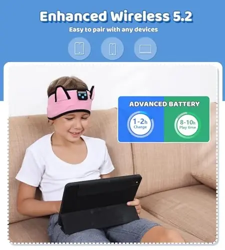 KIDSBAND Bolalar uchun naushniklar, Bolalar uchun qulay Bluetooth naushniklar simli ijro etish 3,5 MM Jek bilan maktab uchun, Qizlar o'g'il bolalar uchun buklanadigan mushuk quloqli garnitura, Kindle planshet mobil telefonlar samolyotda sayohat - 5