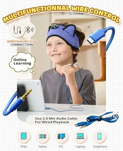 KIDSBAND bolalar uchun naushniklar, sozlanishi bosh tasmasi bilan bolalar uchun Bluetooth naushniklar, maktab uchun 3,5 MM uyasi, qizlar, o'g'il bolalar, bolalar, Kindle planshet mobil telefonlari samolyotda sayohat uchun katlanadigan quloqchinlar - 5