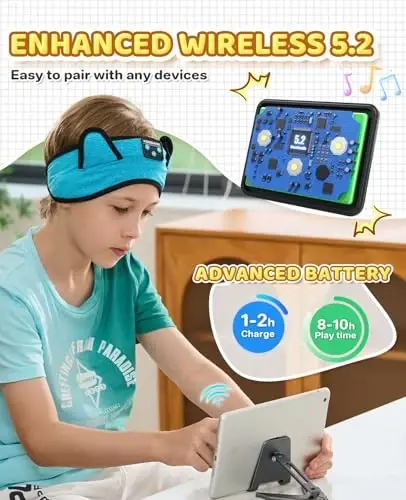 KIDSBAND Kids Eshitish vositasi, Chaqaloq/Gӯdak Bluetooth bosh tasmasi, Bolalar uchun simsiz uyqu eshitish vositasi, o‘smirlar/o‘g‘il bolalar/qizlar/maktab/Kindle/Samolyotda sayohat/Planshet uchun simli ijro etish 3,5 mm Jek - 3