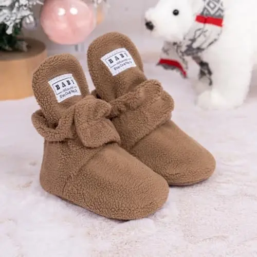 KIDSUN Infant Baby Boy Girl Cozy Fleece Bootie Newborn Stay On Slipper Winter Warm Gripper Non-Slip Crib Shoes - 4