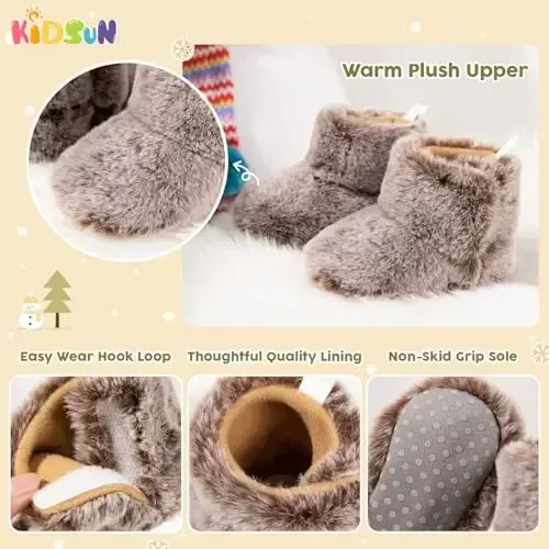 KIDSUN Infant Baby Boy Girl Cozy Fleece Bootie Newborn Stay On Slipper Winter Warm Gripper Non-Slip Crib Shoes - 5