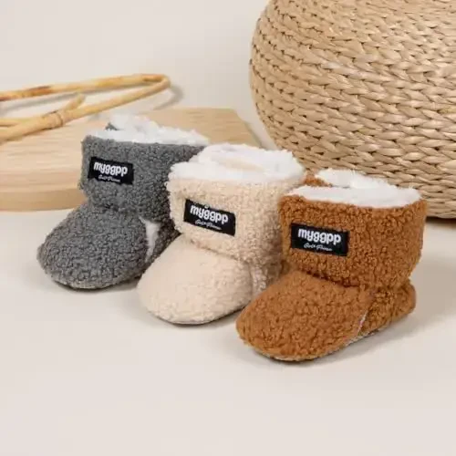 KIDSUN Infant Baby Boy Girl Cozy Fleece Bootie Newborn Stay On Slipper Winter Warm Gripper Non-Slip Crib Shoes - 3
