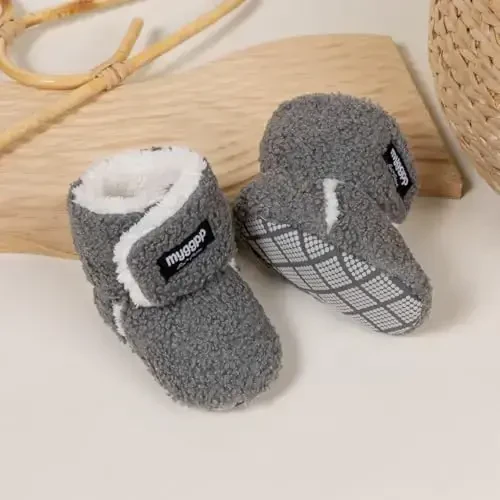 KIDSUN Infant Baby Boy Girl Cozy Fleece Bootie Newborn Stay On Slipper Winter Warm Gripper Non-Slip Crib Shoes - 4