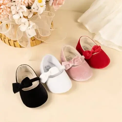 KIDSUN Infant Baby Girls Mary Jane Shoes Non-Slip Rubber Sole Ballet Slippers Princess Dress Wedding Shoes Newborn Crib Shoes First Walkers Shoes - KIDSUN (1)