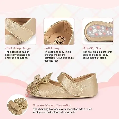 KIDSUN Infant Baby Girls Mary Jane Shoes Non-Slip Rubber Sole Ballet Slippers Princess Dress Wedding Shoes Newborn Crib Shoes First Walkers Shoes - 3