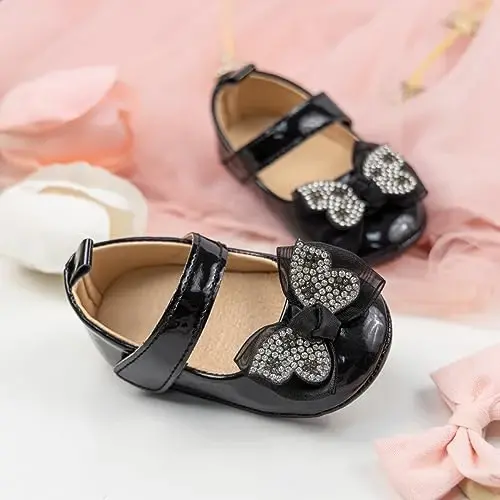 KIDSUN Infant Baby Girls Mary Jane Shoes Non-Slip Rubber Sole Ballet Slippers Princess Dress Wedding Shoes Newborn Crib Shoes First Walkers Shoes - 6