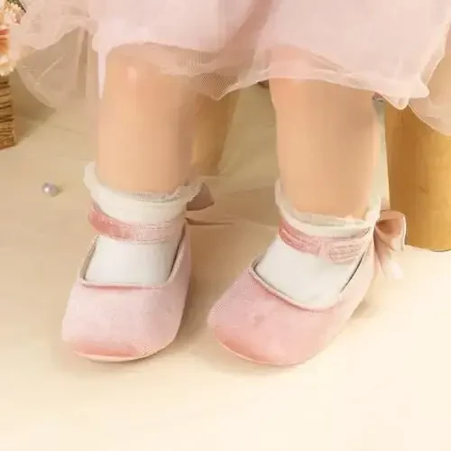 KIDSUN Infant Baby Girls Mary Jane Shoes Non-Slip Rubber Sole Ballet Slippers Princess Dress Wedding Shoes Newborn Crib Shoes First Walkers Shoes - 4