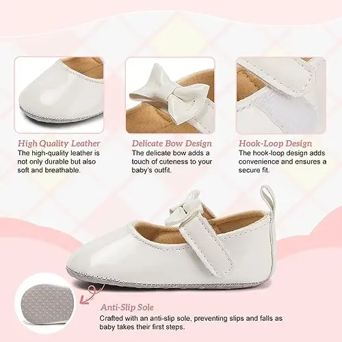 KIDSUN Infant Baby Girls Mary Jane Shoes Non-Slip Rubber Sole Ballet Slippers Princess Dress Wedding Shoes Newborn Crib Shoes First Walkers Shoes - 3