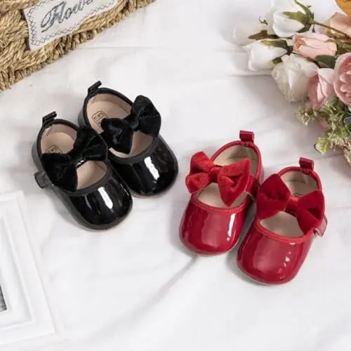 KIDSUN Infant Baby Girls Mary Jane Shoes Non-Slip Rubber Sole Ballet Slippers Princess Dress Wedding Shoes Newborn Crib Shoes First Walkers Shoes - KIDSUN (1)