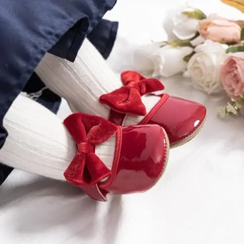 KIDSUN Infant Baby Girls Mary Jane Shoes Non-Slip Rubber Sole Ballet Slippers Princess Dress Wedding Shoes Newborn Crib Shoes First Walkers Shoes - 3