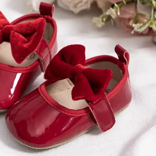 KIDSUN Infant Baby Girls Mary Jane Shoes Non-Slip Rubber Sole Ballet Slippers Princess Dress Wedding Shoes Newborn Crib Shoes First Walkers Shoes - 6