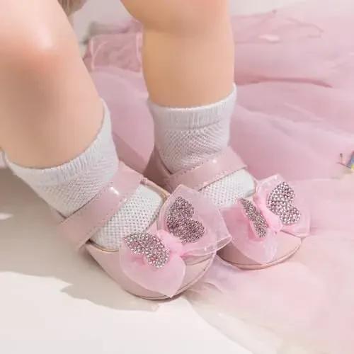 KIDSUN Infant Baby Girls Mary Jane Shoes Non-Slip Rubber Sole Ballet Slippers Princess Dress Wedding Shoes Newborn Crib Shoes First Walkers Shoes - 4