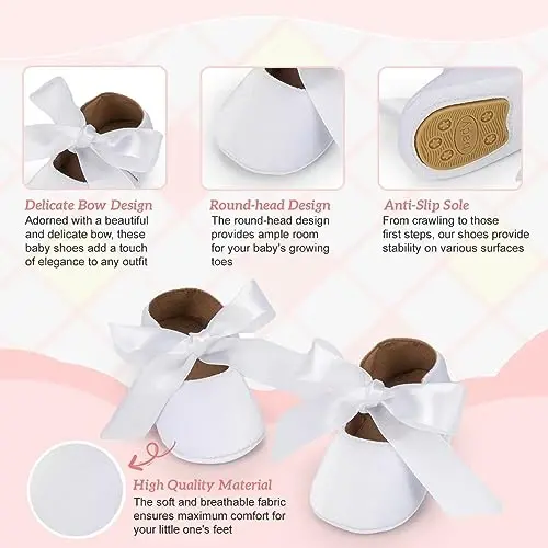 KIDSUN Infant Baby Girls Mary Jane Shoes Non-Slip Rubber Sole Ballet Slippers Princess Dress Wedding Shoes Newborn Crib Shoes First Walkers Shoes - 3