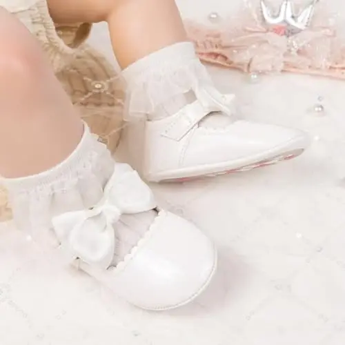 KIDSUN Infant Baby Girls Mary Jane Shoes Non-Slip Rubber Sole Ballet Slippers Princess Dress Wedding Shoes Newborn Crib Shoes First Walkers Shoes - 4