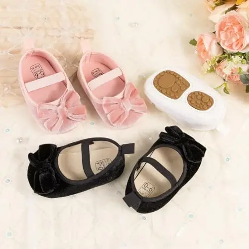 KIDSUN Infant Baby Girls Mary Jane Shoes Non-Slip Rubber Sole Ballet Slippers Princess Dress Wedding Shoes Newborn Crib Shoes First Walkers Shoes - KIDSUN (1)