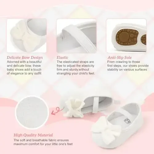 KIDSUN Infant Baby Girls Mary Jane Shoes Non-Slip Rubber Sole Ballet Slippers Princess Dress Wedding Shoes Newborn Crib Shoes First Walkers Shoes - 3