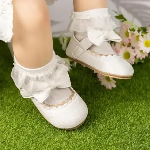 KIDSUN Infant Baby Girls Mary Jane Shoes Non-Slip Rubber Sole Ballet Slippers Princess Dress Wedding Shoes Newborn Crib Shoes First Walkers Shoes - 4
