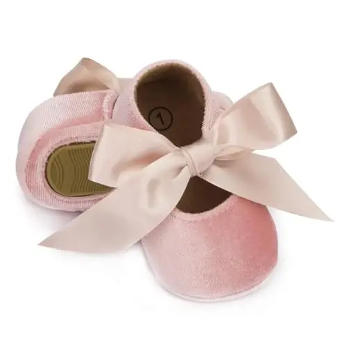 KIDSUN Infant Baby Girls Mary Jane Shoes Non-Slip Rubber Sole Ballet Slippers Princess Dress Wedding Shoes Newborn Crib Shoes First Walkers Shoes - 1