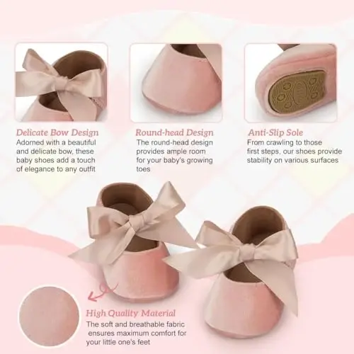 KIDSUN Infant Baby Girls Mary Jane Shoes Non-Slip Rubber Sole Ballet Slippers Princess Dress Wedding Shoes Newborn Crib Shoes First Walkers Shoes - 3