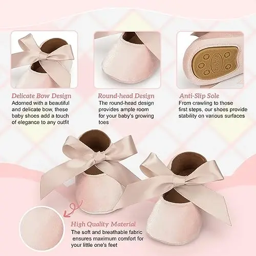 KIDSUN Infant Baby Girls Mary Jane Shoes Non-Slip Rubber Sole Ballet Slippers Princess Dress Wedding Shoes Newborn Crib Shoes First Walkers Shoes - 3