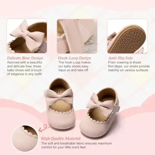 KIDSUN Infant Baby Girls Mary Jane Shoes Non-Slip Rubber Sole Ballet Slippers Princess Dress Wedding Shoes Newborn Crib Shoes First Walkers Shoes - 3