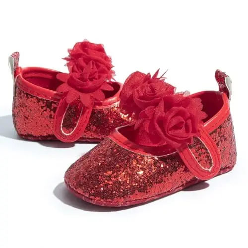 KIDSUN Infant Baby Girls Mary Jane Shoes Non-Slip Rubber Sole Ballet Slippers Princess Dress Wedding Shoes Newborn Crib Shoes First Walkers Shoes - 1