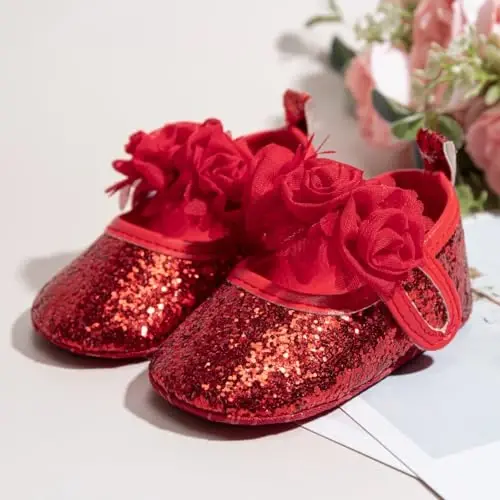 KIDSUN Infant Baby Girls Mary Jane Shoes Non-Slip Rubber Sole Ballet Slippers Princess Dress Wedding Shoes Newborn Crib Shoes First Walkers Shoes - KIDSUN (1)
