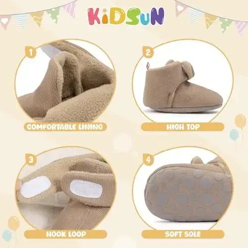 KIDSUN Chaqaloq O'g'il Qiz Qulay Fleece Etik Yangi Tug'ilgan Chaqaloq Oyoqda Qoladigan To'rli Qishki Issiq Tutqichli Sirpanmaydigan Beshik Poyafzali - 5