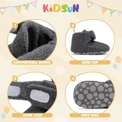 KIDSUN Infant Baby Boy Girl Cozy Fleece Bootie Newborn Stay On Slipper Qishki issiq tutqichli sirpanmaydigan krovat poyabzali - 5
