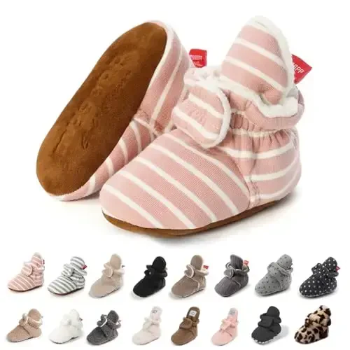 KIDSUN Infant Baby Boy Girl Cozy Fleece Bootie Newborn Stay On Slipper Winter Warm Gripper Non-Slip Crib Shoes - 1